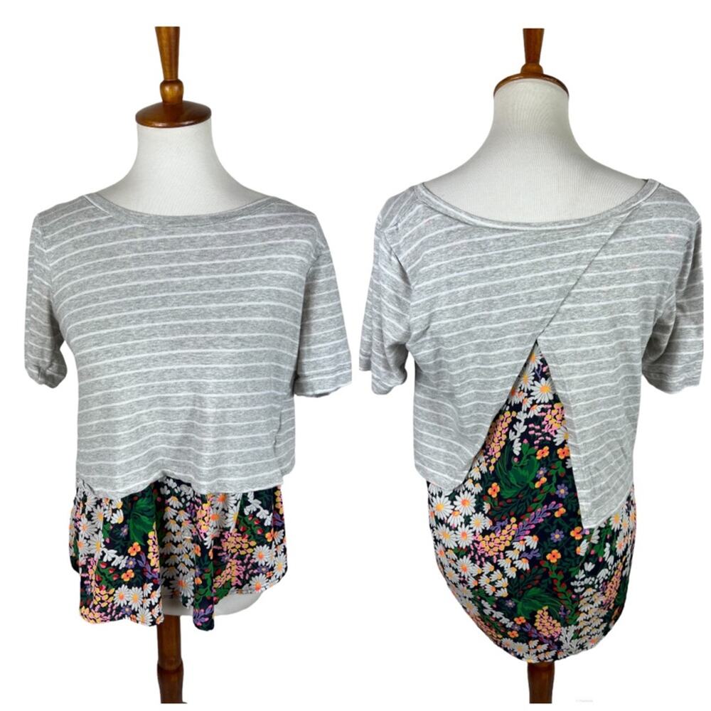 Potter’s Pot Layered High Low Tee Blouse with Striped / Floral Print Size Large